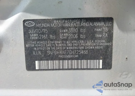 2016 Hyundai Elantra Se from USA, damaged, VIN 5NPDH4AE7GH725488